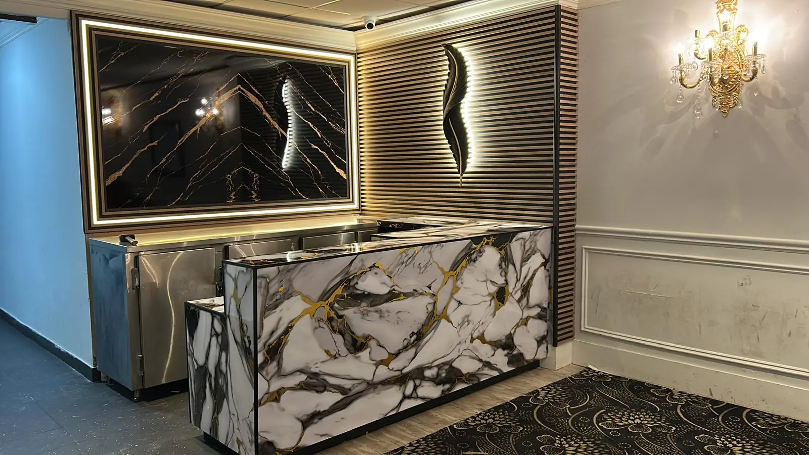 Reception desk in the front lobby where guests are greeted.